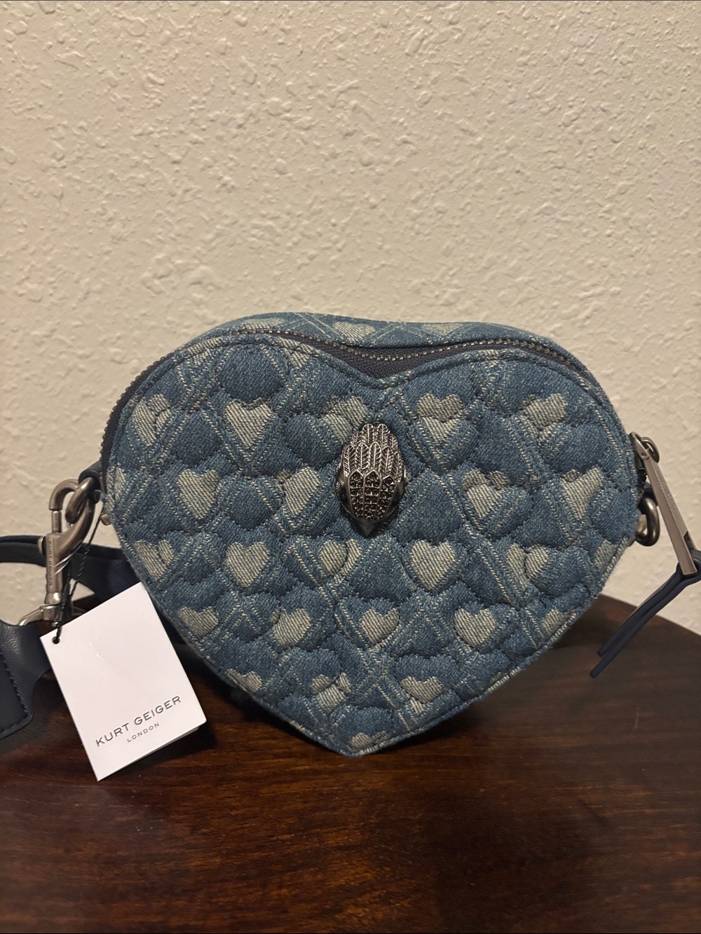 Kurt Geiger Blue Heart Quilted Denim Crossbody Bag - Picture 2 of 10